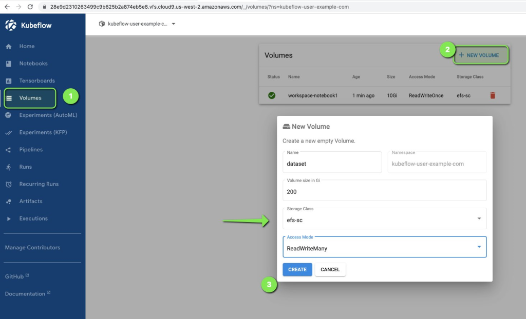 Kubeflow Dashboard to create a new volume