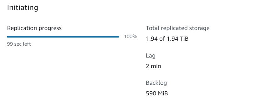 Data replication status for the SAP HANA server after a server restart showing a replication lag and replication in progress