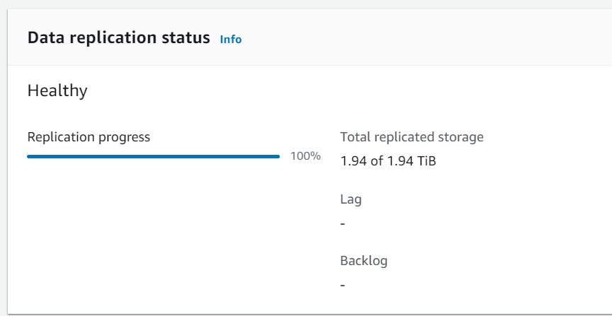 Data replication status for the SAP HANA server after a server restart showing replication completed successfully