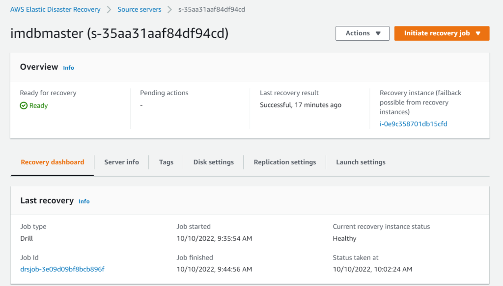 Recovery dashboard in Elastic Disaster Recovery showing the recovery status for the SAP HANA server