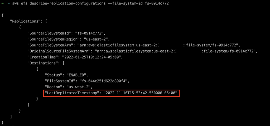 LastReplicatedTimestamp’ time through AWS CLI