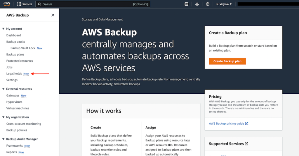 AWS Backup Screen showing Legal holds Button