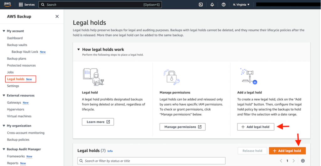AWS Backup Screen showing Legal holds Button, the Legal holds button is highlighted and the focus is on the Add legal hold button