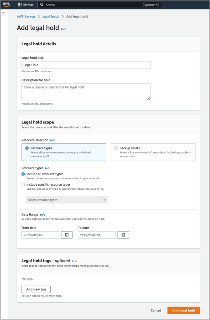 AWS console screen with the Add legal hold page loaded