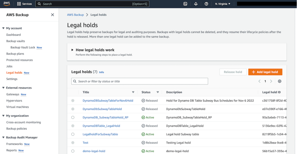 AWS console screen showing existing legal holds in the account and Region