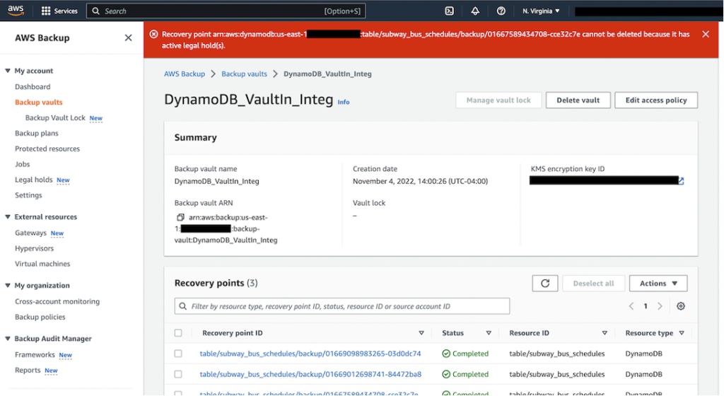 AWS console screen showing Legal hold preventing the deletion of a recovery point