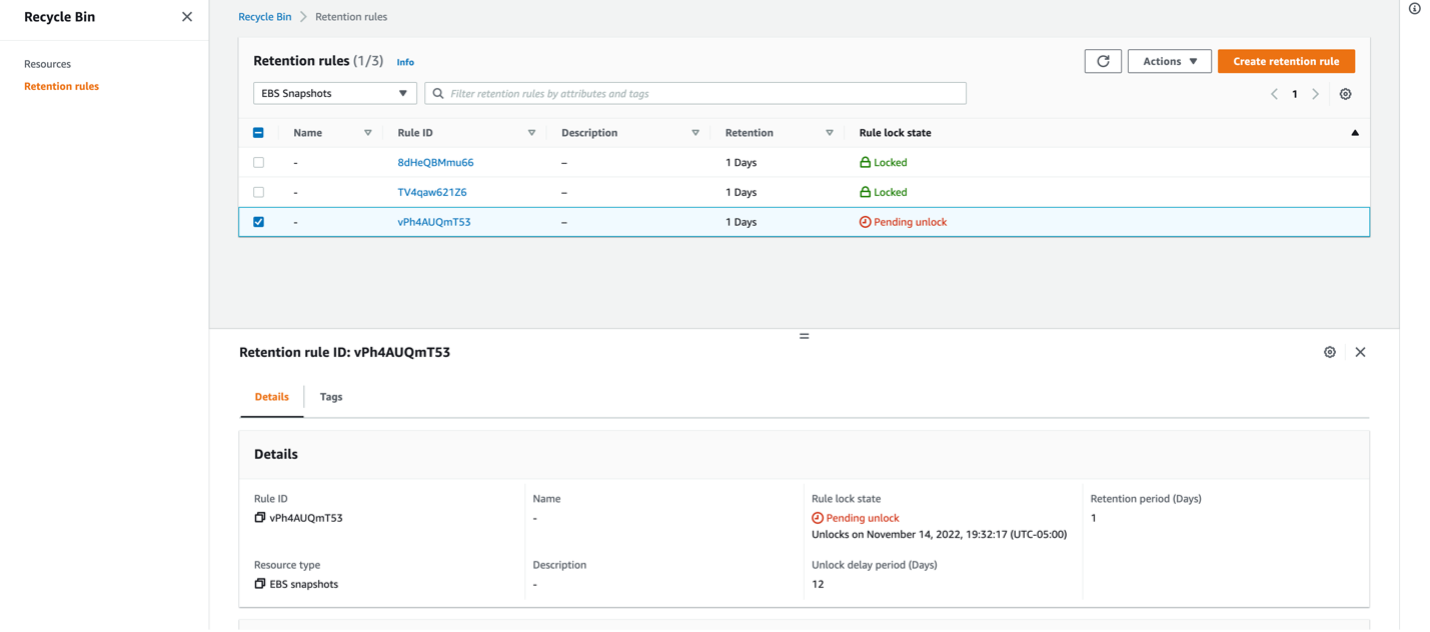 The rule lock state can be 'locked', 'unlocked' or 'pending unlock'. This is visible under the 'Rule lock state' column in the Retention rules page.