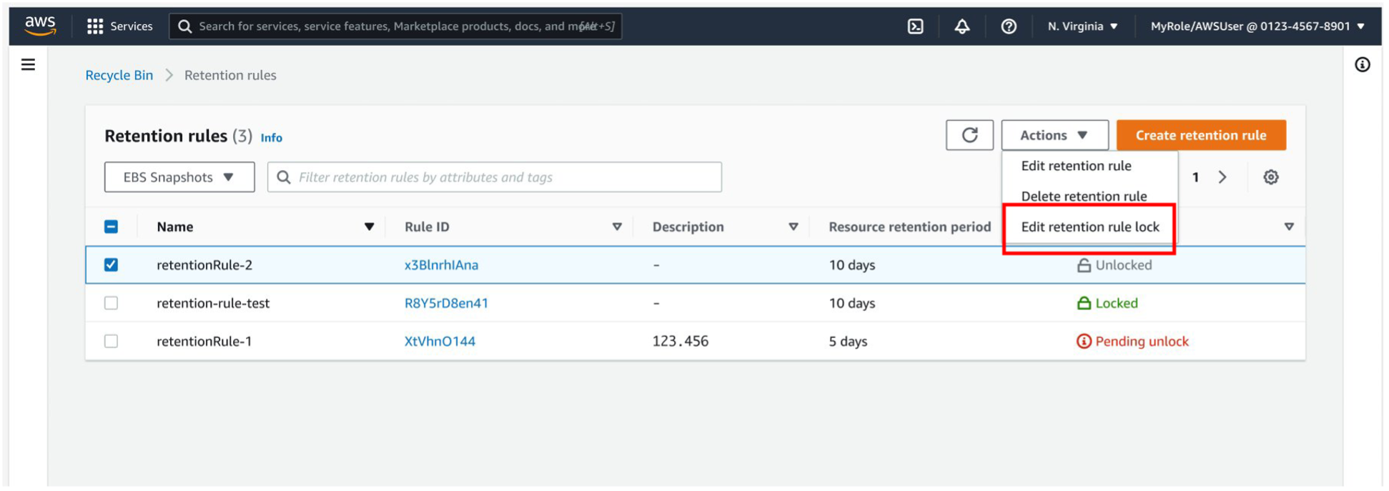 On the retention rules page, select the rule that you want to lock/unlock and select 'Edit retention rule lock' in the Actions dropdown menu.