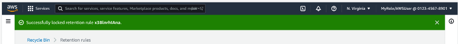 The banner for 'Successfully locked retention rule' is displayed at the top of the screen when the rule is locked. 