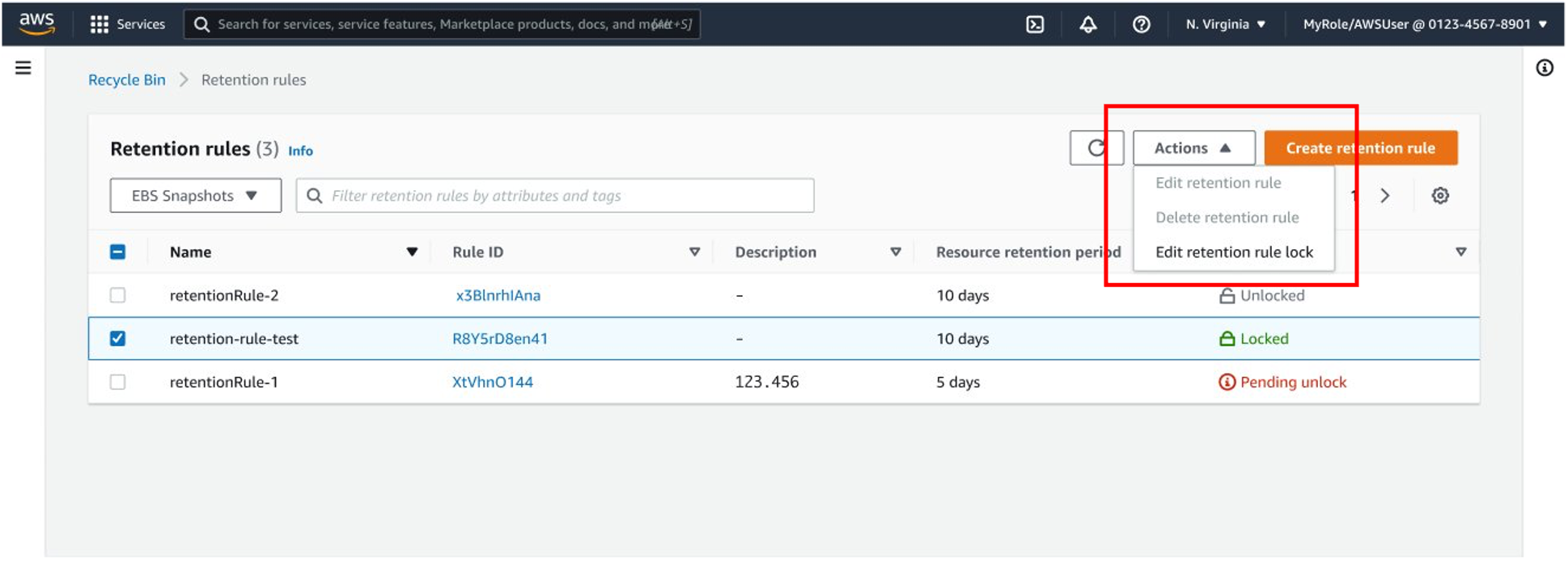The 'Edit retention rule' and 'Delete retention rule' options in the dropdown are grayed out for locked rules as they cannot be modified or deleted. 