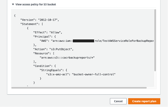 Amazon S3 Bucket policy in the Report plan page