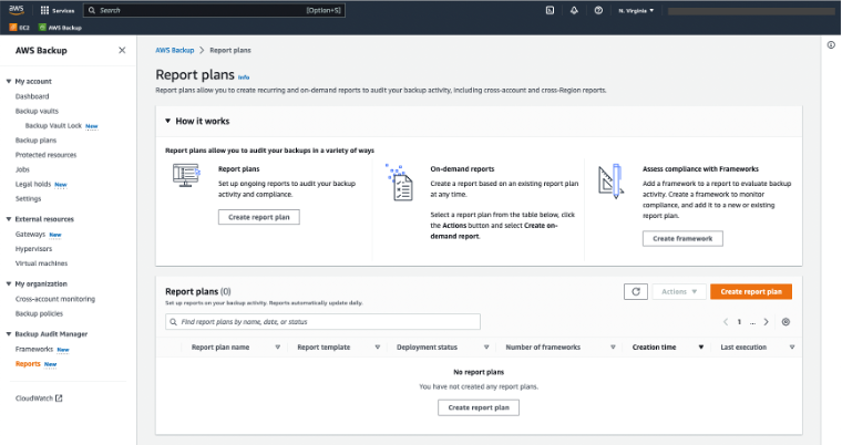 AWS Backup Screen displaying the Report plans page