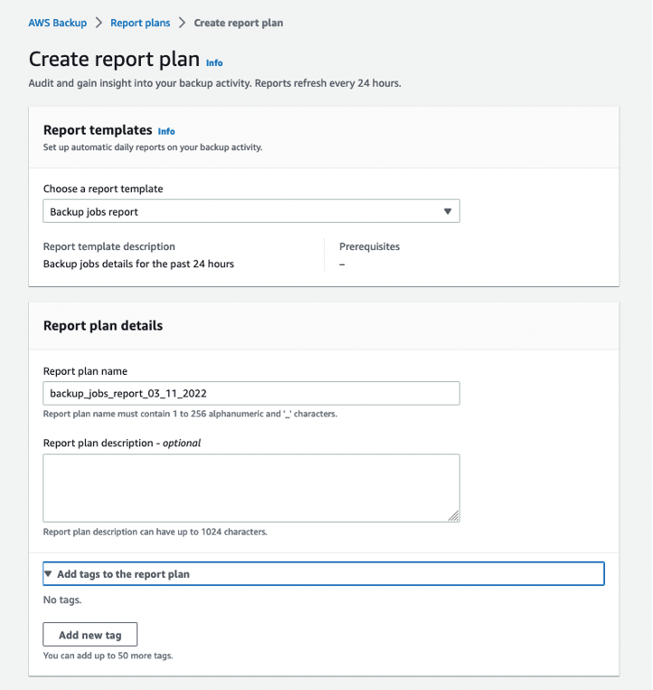 AWS Backup Audit Manager Create report plan screen