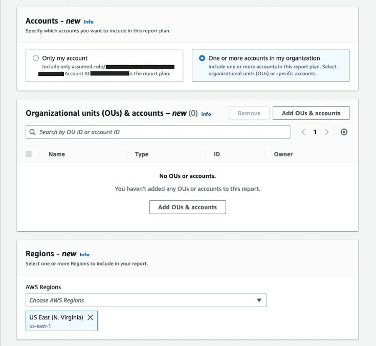 Account selection in the Report plan creation page