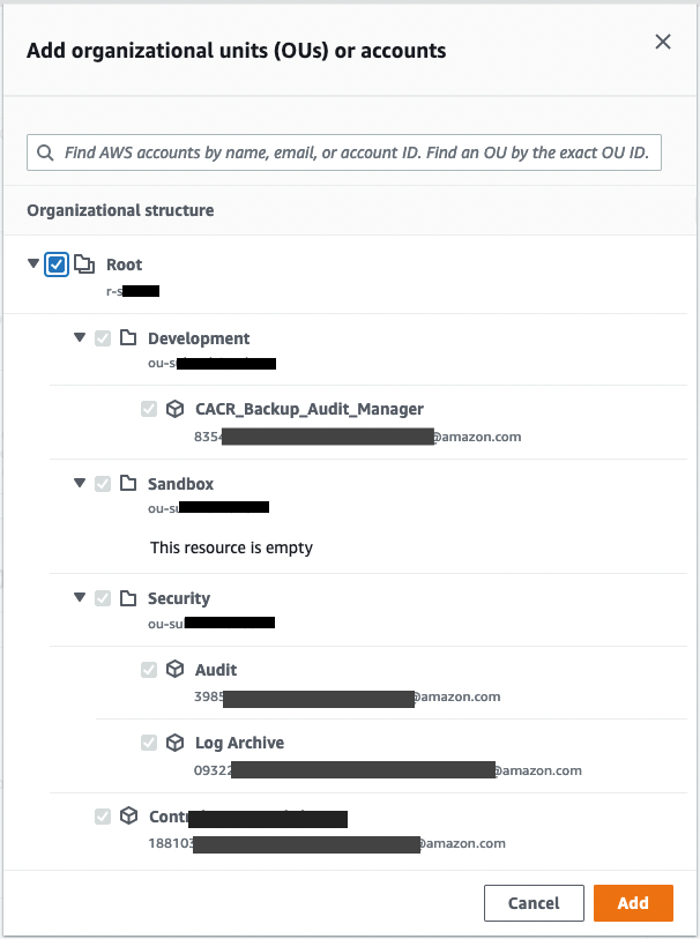 AWS Organizations OUs or Account selection screen