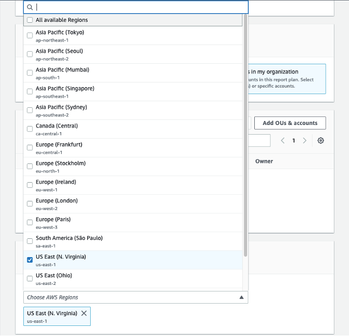 AWS Regions selection page