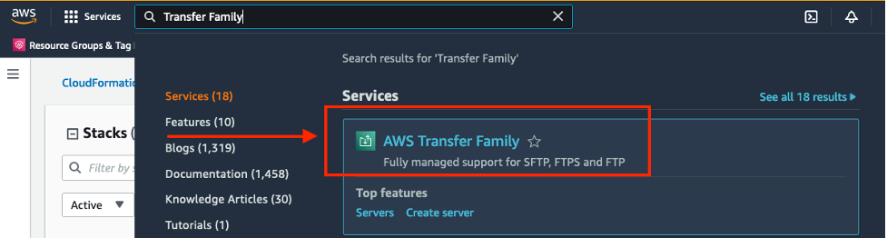 Figure 4- Search result for AWS Transfer Family in AWS management console