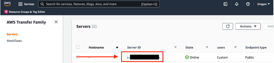 Figure 5- AWS Transfer Family Servers table