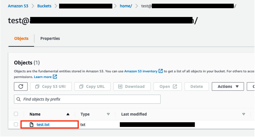 Figure 8- Amazon S3 home directory prefix with test.txt object