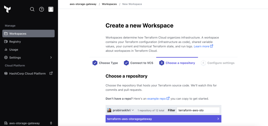 Choose a repository from the filterable list
