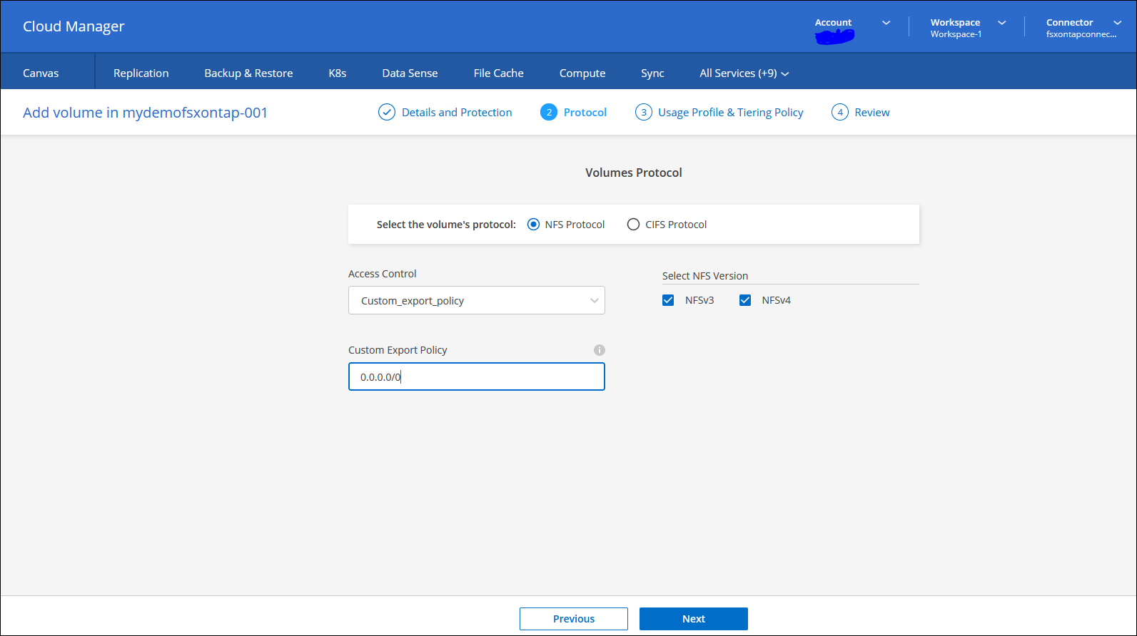 Creating volume and export-policy using Netapp Cloud Manager