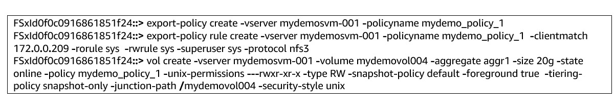 Creating an export-policy, and a volume using ONTAP CLI