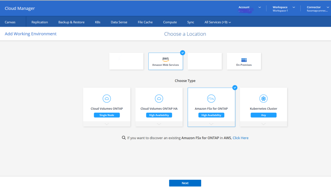 Cloud Manager to create FSx for ONTAP