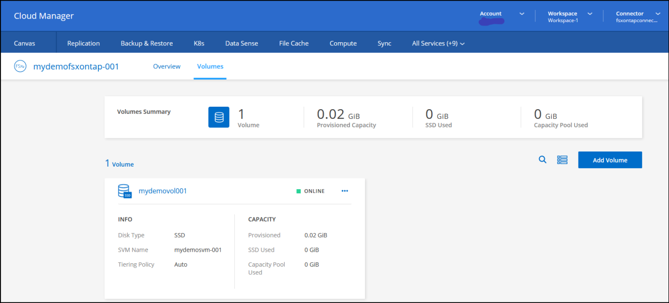 Creating a new volume using Cloud Manager