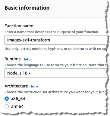 Create a new Lambda function, named images-exif-transform, using the latest supported Node.js runtime on the x86_64 architecture