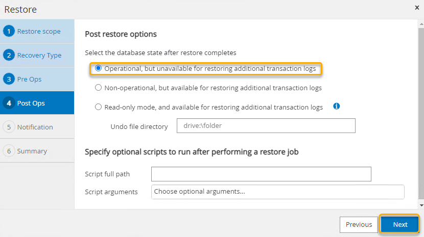 Configuring the post restore options
