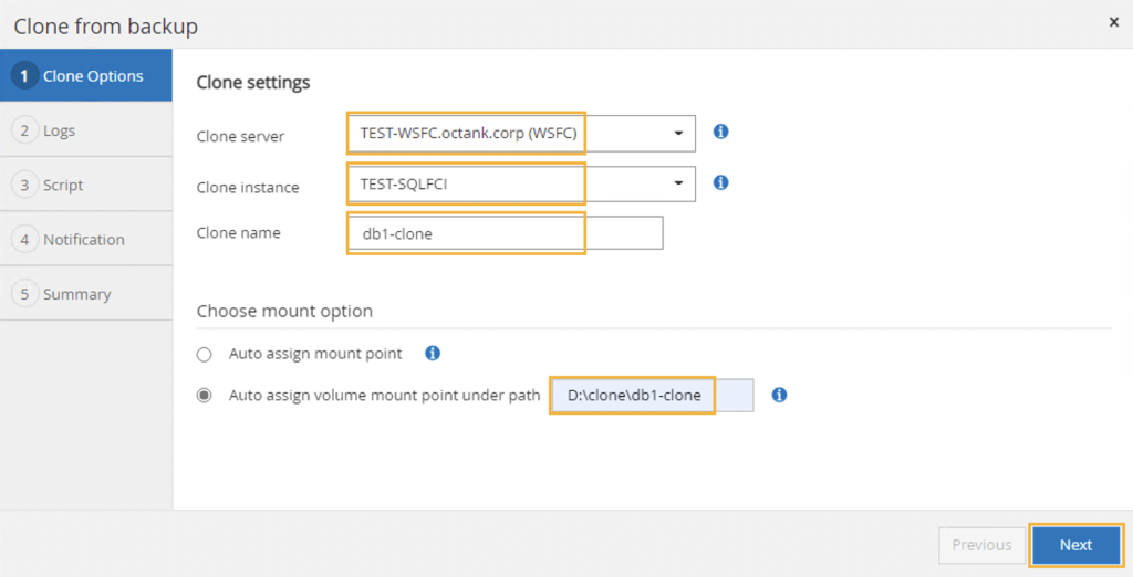 Configuring the clone options