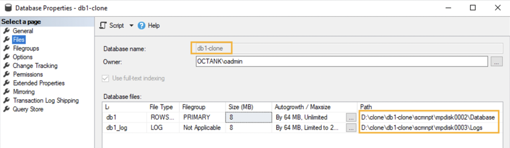 Confirming the database clone has been restored to the appropriate path