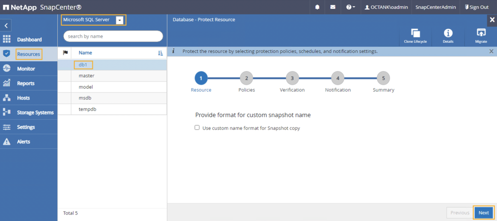 Selecting a database to backup