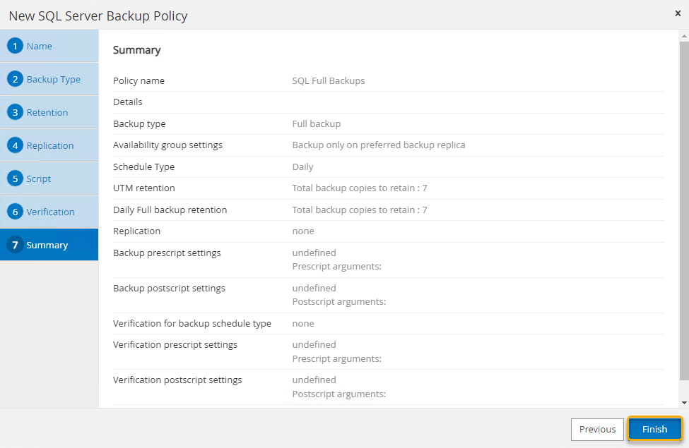 Finishing the backup policy configuration