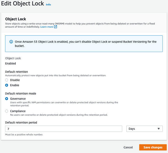 Selecting the "Default retention period" value for Object Lock.