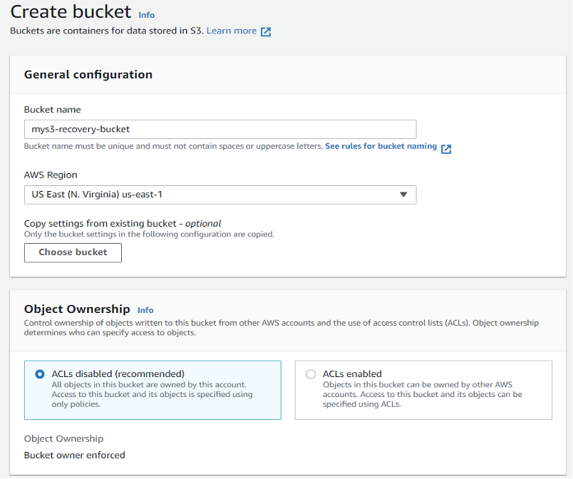 This diagram shows the configuration for the setup of anew recovery bucket under the destination account.