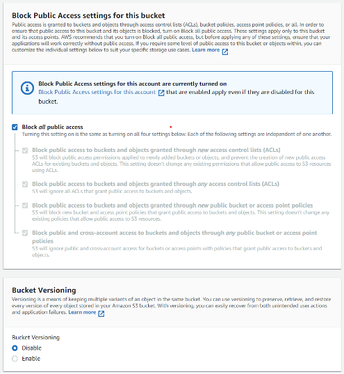The diagram shows that in yje destination's account recovery bucket, we need to select Block all Public access and Enable the option for Bucket Versioning.