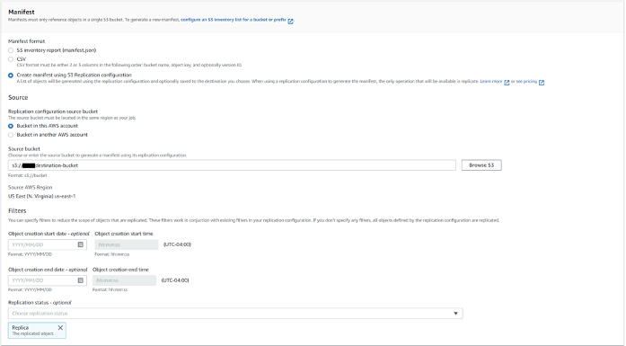 This diagram shows how to select S3 managed keys (SSE-S3) encryption option for the source bucket.
