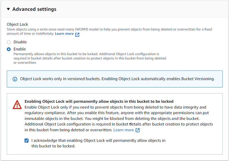 This diagram shows how under Advanced Settings option we can enable the Object Lock.