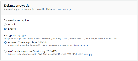 This diagram shows that in this bucket (which stores the manifest file and reports) , we can set up the S3 managed SSS-S3 encryption option.