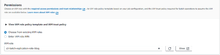 This diagram shows how to set up the correct permissions by using the newly created IAM role for s3 batch replication.