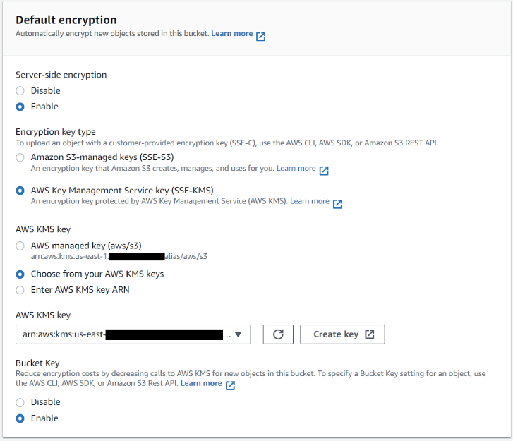 The diagram shows how we can enable the AWS-KMS encryption options along with Enabling the Bucket key under the recovery bucket setup.