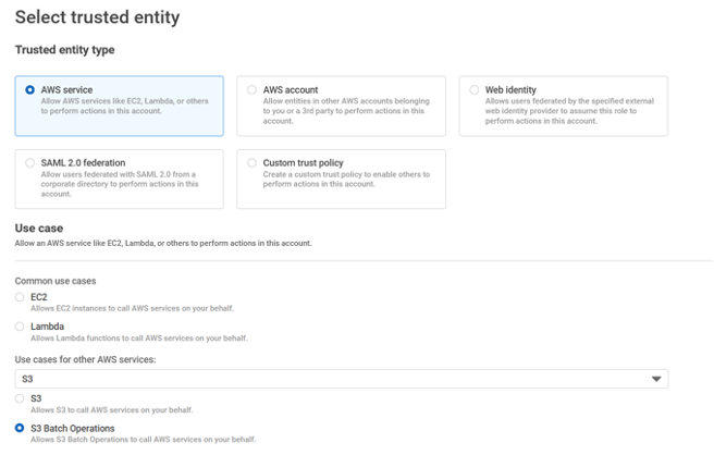 The diagram shows selecting the S3 Batch Operations for the trusted entity type setup.