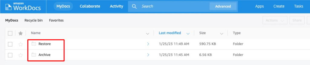 folders appear in amazon workdocs