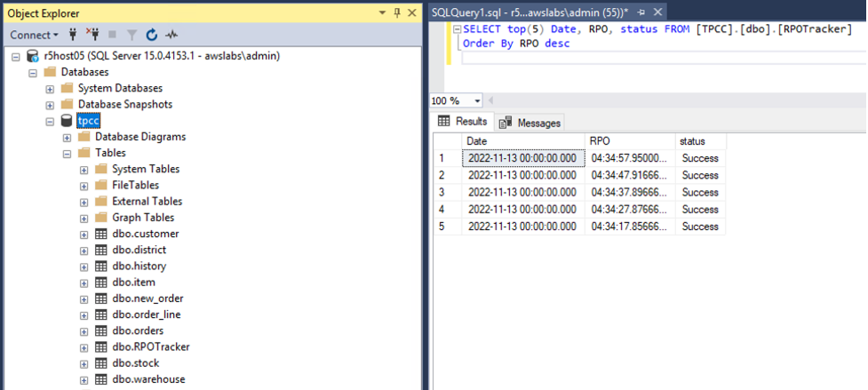 Figure 4:&nbsp; SQL Query output to track last recorded timestamp on DR SQL server after cutover