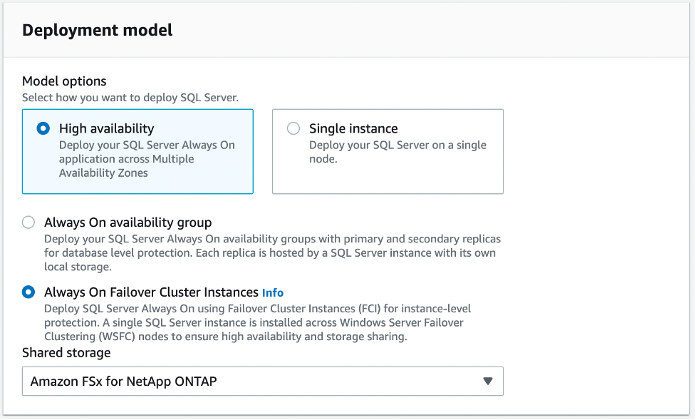 Figure 2: Choosing a deployment model for your SQL Server Failover Cluster Instance