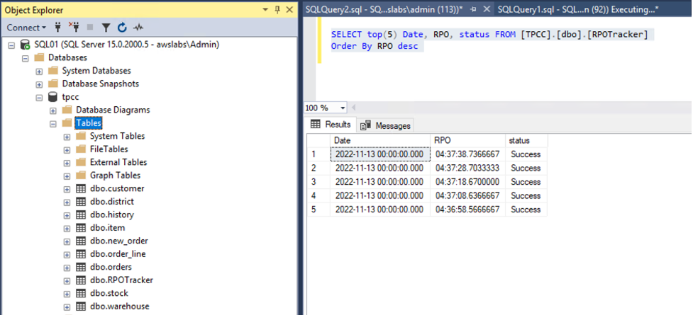 Figure 3:&nbsp; SQL Query output to track last recorded timestamp on source SQL Server at primary site