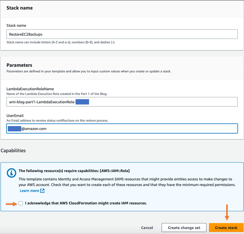 Figure 3: Configuring stack names and parameters for the CloudFormation stack.