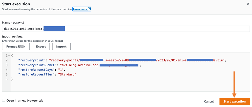 Figure 5: Input values in the JSON format for the execution.