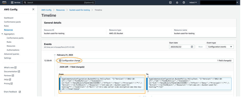 Finally, select the Configuration change event that you want and find the previous S3 bucket policy.